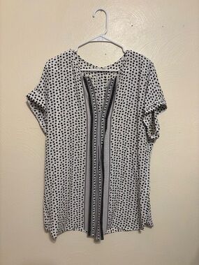 Max Studio Polka Dot Blouse Black White Split Neck Top Large